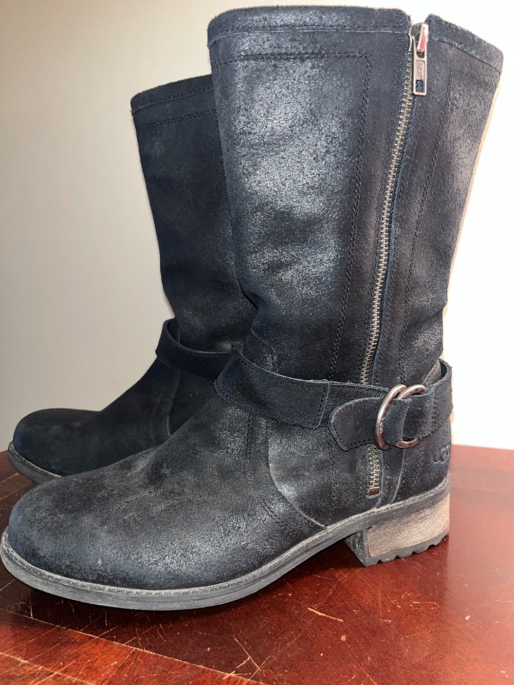 UGG Black Suede Mid-Calf Zip Moto Boots